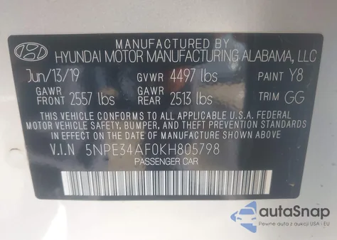 2019 Hyundai Sonata Sel z USA, uszkodzony, nr VIN 5NPE34AF0KH805798